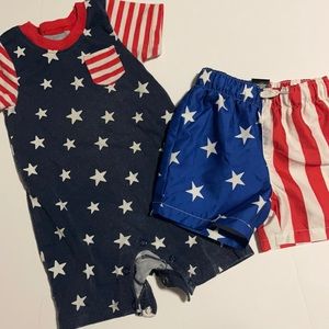 Patriotic romper and swim trunks